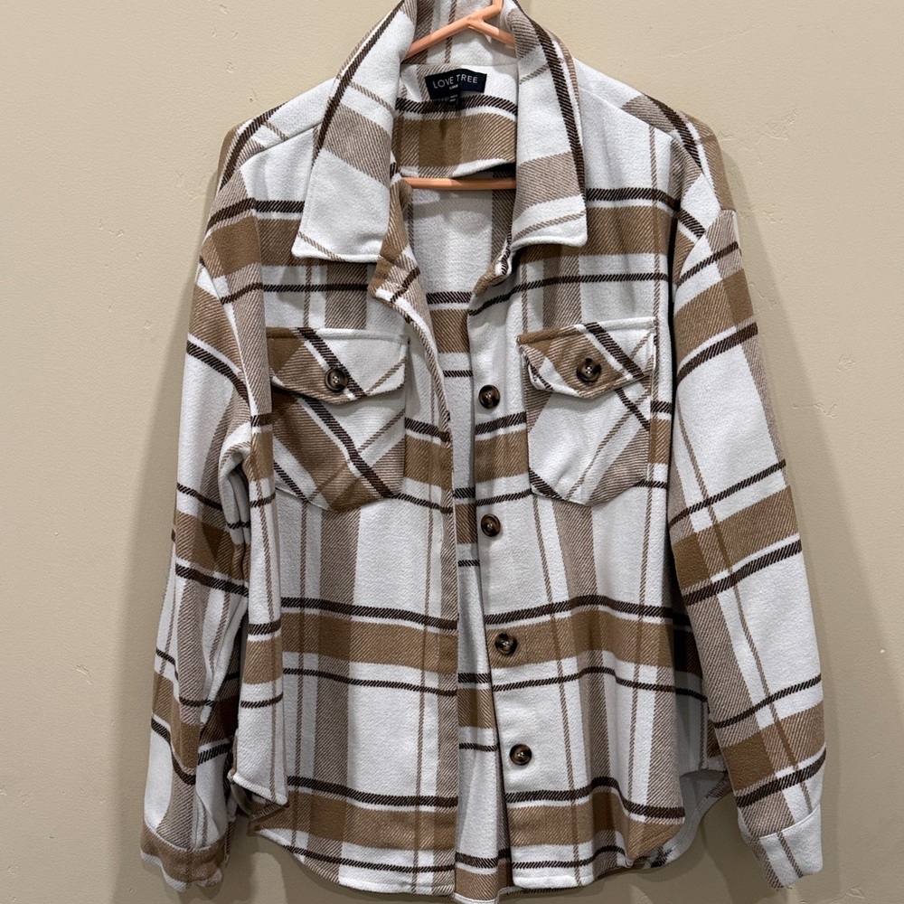 Love Tree Cream & Brown Plaid Utility Shacket